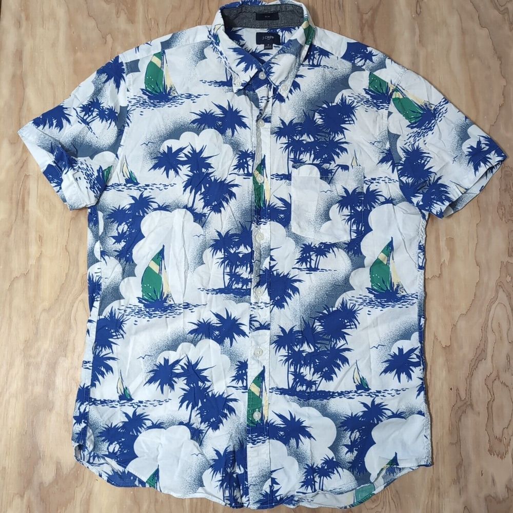 Vintage J Crew Mens Slim Fit Med Blue Hawaiian Print Shirt Cotton